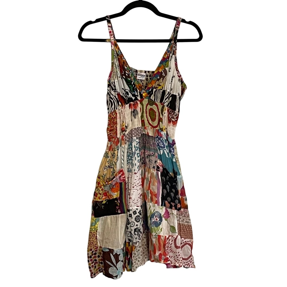Shoreline Patchwork Cotton Boho Dress Sleeveless Smocked V-Neck Multi Color OS